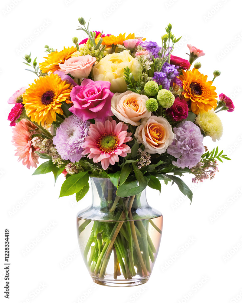 Obraz premium beautiful bouquet of pink and white roses in glass vase, isolated soft focus on the transparent background