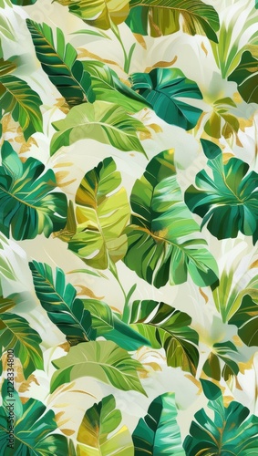 a mesmerizing repeating pattern of lush, vibrant tropical leaves in shades of emerald, lime, mint, and olive green, subtly accented with warm, sun-kissed hints of gold, set against a gentle