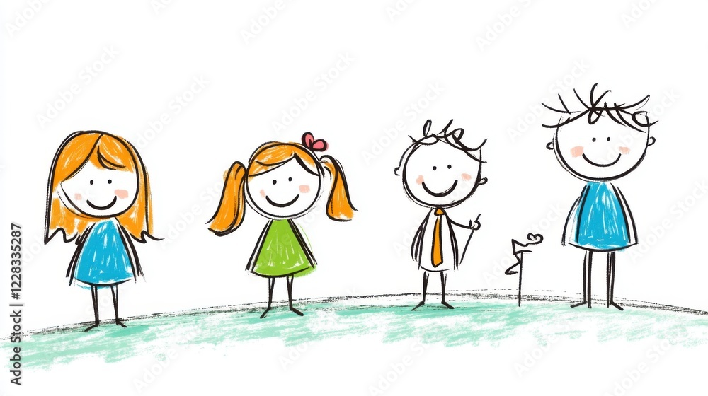 Fototapeta premium Colorful hand-drawn stick figures of children smiling together on a green grassy field with a flag