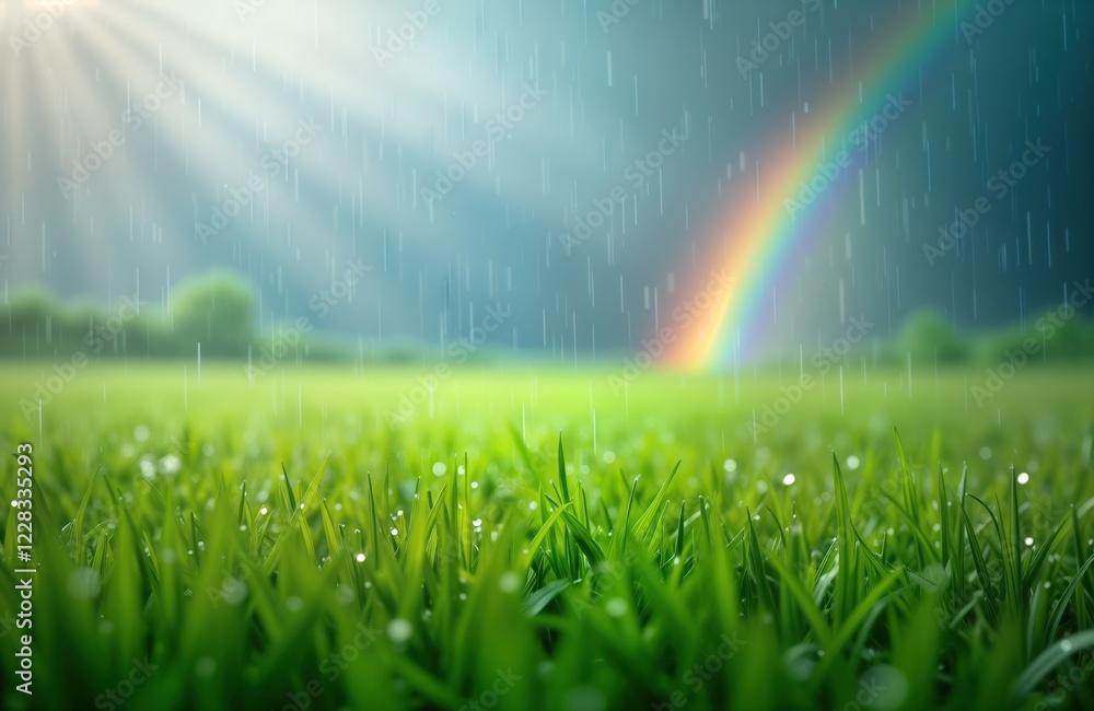 Naklejka premium Vibrant green field covered in dew drops under double rainbow on rainy day. Nature shows its serene beauty. Freshness, moisture are evident in grass. Beautiful landscape. Perfect for spring or summer.
