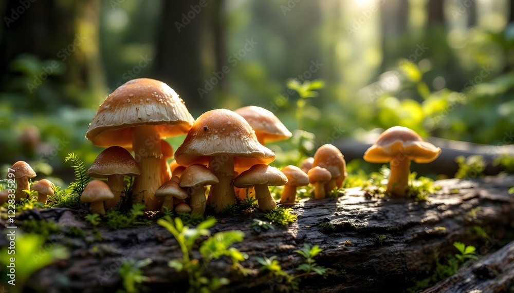 A hyper-realistic shot of mushrooms growing on a fallen log in a dense forest. The mushrooms' textures should be vividly detailed, with a focus on their different shapes and sizes, some wit A hyper-realistic shot of mushrooms growing on a fallen log in a dense forest. The mushrooms' textures should be vividly detailed, with a focus on their different shapes and sizes, some wit