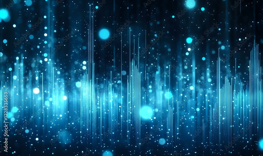 Glowing blue sound waves with bokeh light effects on dark background create futuristic audio visualization pattern for music and technology designs. Glowing blue sound waves with bokeh light effects on dark background create futuristic audio visualization pattern for music and technology designs.