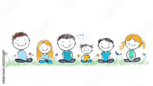 Happy Family Illustration with Smiling Children and Parents Sitting in Grass in a Playful Outdoor Setting