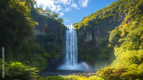 Majestic waterfall cascading down a lush green cliff into a river below, surrounded by vibrant foliage and a clear blue sky. Shaded Falls. Illustration