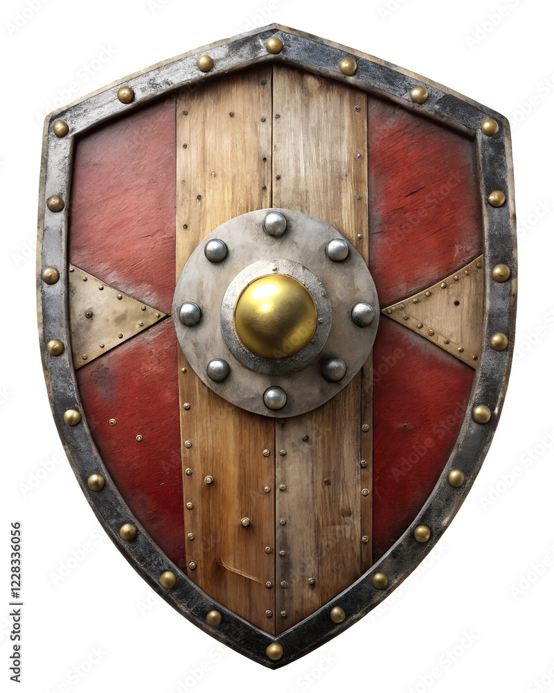 Naklejka premium medieval wooden and steel shield, isolated soft focus on the transparent background