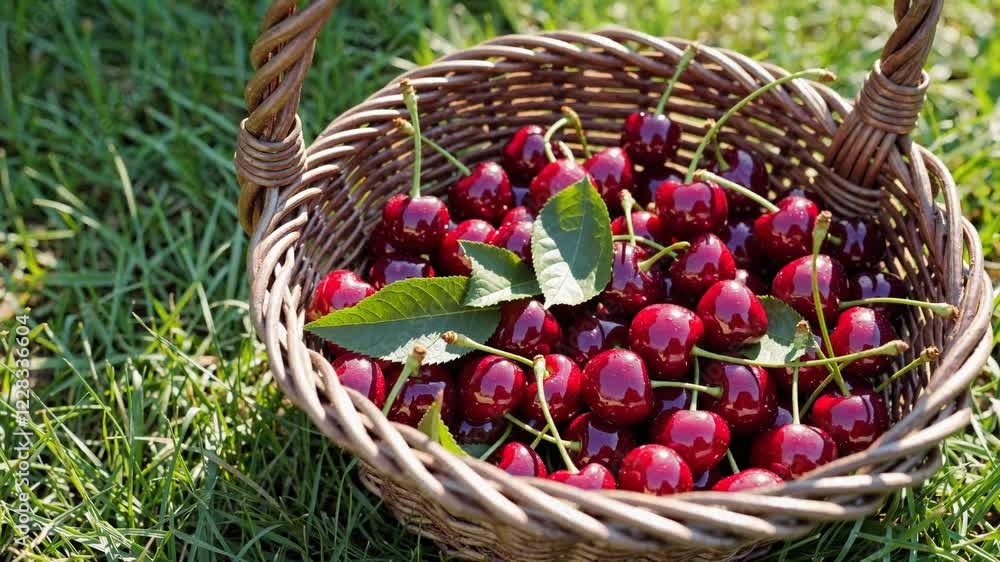 A stunning 4K cinematic shot capturing a rustic woven basket brimming with freshly picked, glistening red cherries, sitting on the soft grass in the heart of a lush cherry orchard. A stunning 4K cinematic shot capturing a rustic woven basket brimming with freshly picked, glistening red cherries, sitting on the soft grass in the heart of a lush cherry orchard.