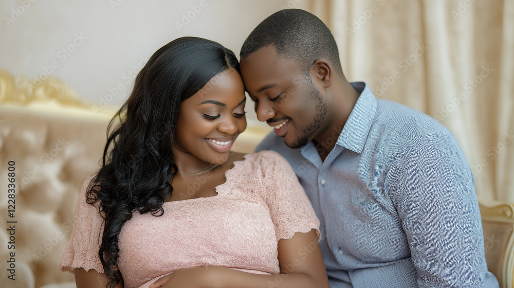 Expecting couple smiling with love and joy in an elegant setting. Expecting couple smiling with love and joy in an elegant setting.