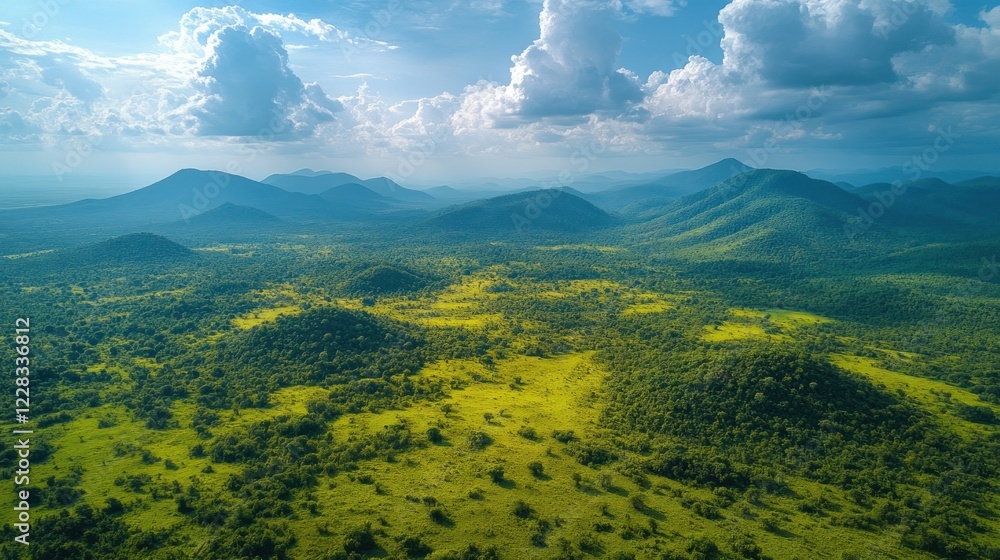 Majestic Aerial View of Lush Green Hills and Mountains under a Cloudy Sky Majestic Aerial View of Lush Green Hills and Mountains under a Cloudy Sky