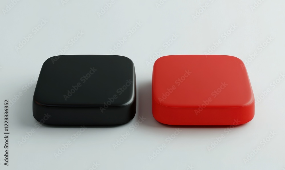 Two rounded square blocks, one black, one red, on white background. Two rounded square blocks, one black, one red, on white background.