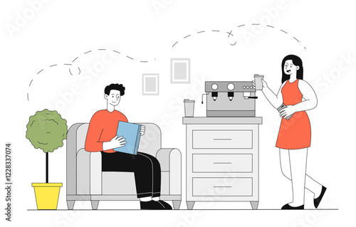 Coffee brewing and relaxing scene. Vector illustration