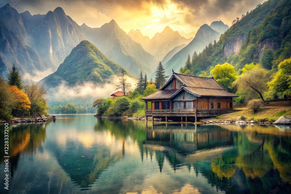 Fototapeta premium Serene Lakeside Cottage in Misty Mountains: A Tilt-Shift Chinese Ink Painting