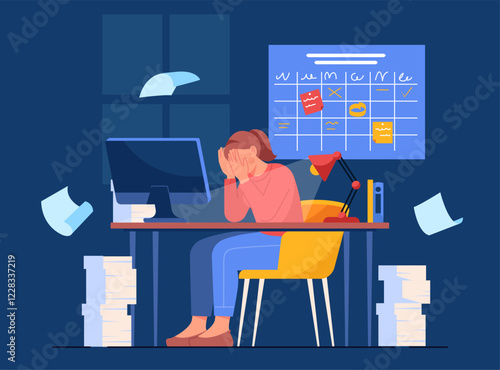 Stressed woman at desk, night. Vector illustration