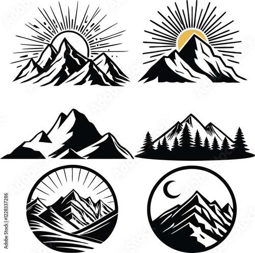 Set of Mountain Logos with Sun, Moon, and Forest Elements