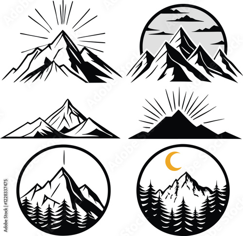 Set of Mountain Logos with Sun, Moon, Clouds, and Forest Elements