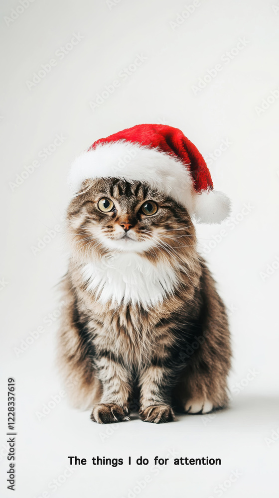 Festive feline in santa hat for christmas greeting card design Festive feline in santa hat for christmas greeting card design