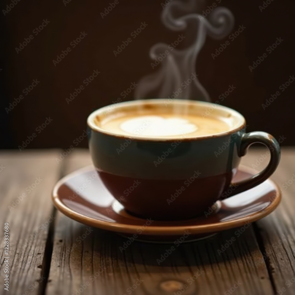Steaming hot latte in ceramic mug, rustic wooden table , comfort, home Steaming hot latte in ceramic mug, rustic wooden table , comfort, home