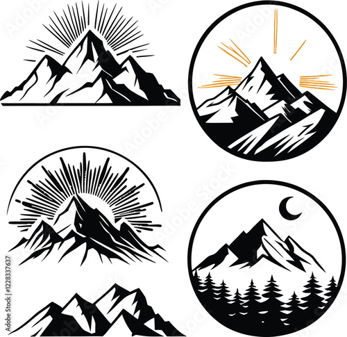 Set of Mountain Logos with Sun, Moon, and Forest Elements