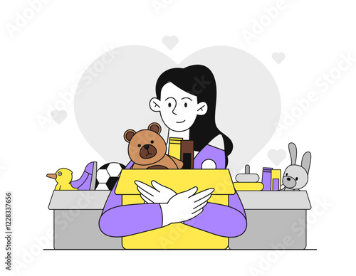 Woman holding donation box. Vector illustration