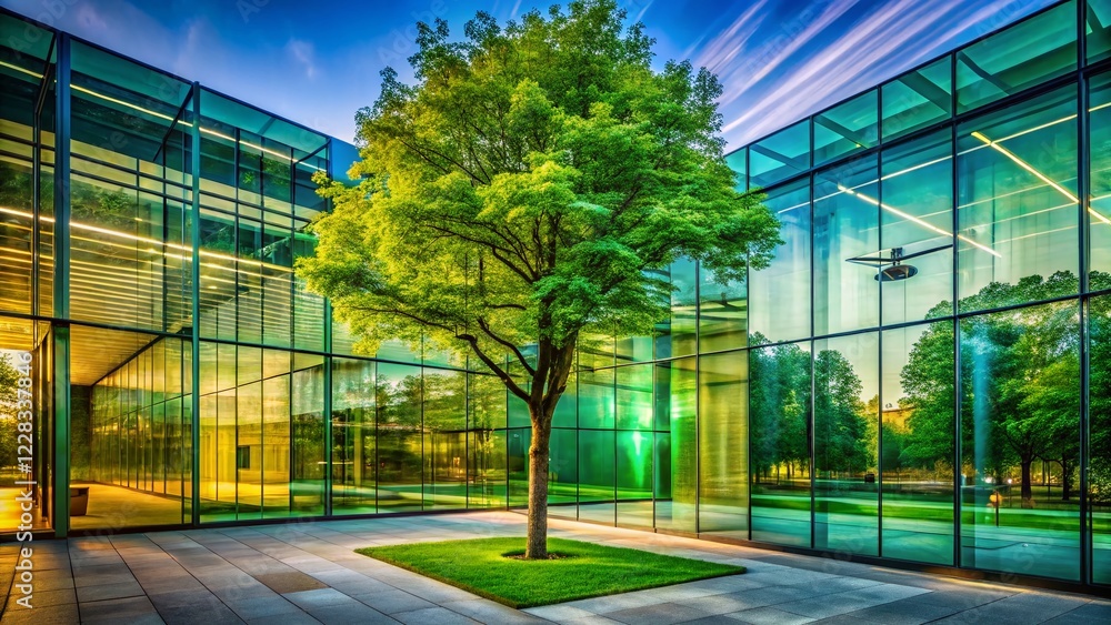 Serene Modern Park: Long Exposure of Glass Walls, Green Tree, and Drone Serene Modern Park: Long Exposure of Glass Walls, Green Tree, and Drone