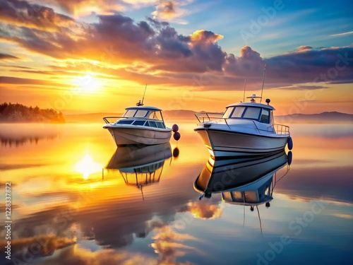 Serene Morning: Two Motorboats on Calm Water at Sunrise - Stock Photo photo