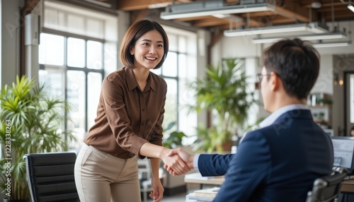 Fototapeta Naklejka Na Ścianę i Meble -  Handshake of happy young business woman and business man at office meeting. Female hr bank manager, financial advisor handshaking recruit, greeting client. Hiring at job interview, partnership concept