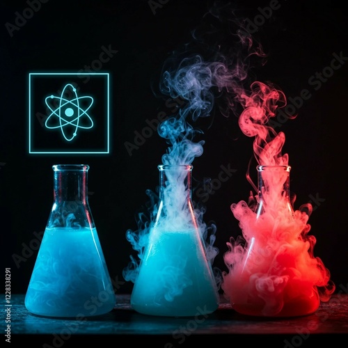 Chemical reaction. Science and chemistry digital illustration. Laboratory equipment. Representation of exothermic and endothermic reactions on a dark background under neon lighting. Glowing atom sign. photo