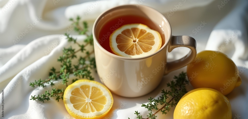 Warm herbal tea with lemon slice, fresh thyme sits on soft white fabric. Relaxing beverage with natural ingredients. Perfect for cozy morning relaxing moment. Image healthy, soothing drink. Warm herbal tea with lemon slice, fresh thyme sits on soft white fabric. Relaxing beverage with natural ingredients. Perfect for cozy morning relaxing moment. Image healthy, soothing drink.