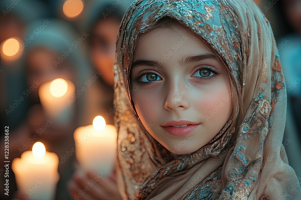 Girl in patterned headscarf holds candle in group with lit candles Girl in patterned headscarf holds candle in group with lit candles