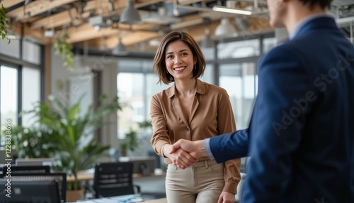 Fototapeta Naklejka Na Ścianę i Meble -  Handshake of happy young business woman and business man at office meeting. Female hr bank manager, financial advisor handshaking recruit, greeting client. Hiring at job interview, partnership concept