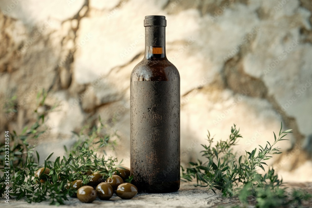 A dark bottle with a blank label sits among olives and olive branches against a stone wall. A dark bottle with a blank label sits among olives and olive branches against a stone wall.