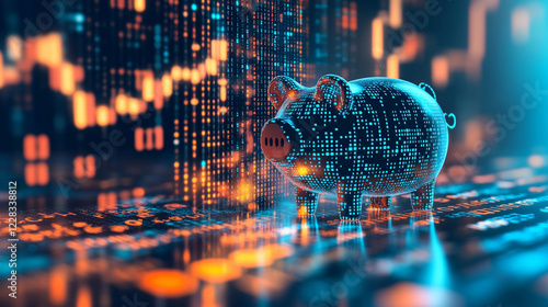 A digital piggy bank surrounded by binary code symbolizing a virtual wallet and the future of online savings with a minimalistic and modern aesthetic featuring bright tones and blurred space

 photo