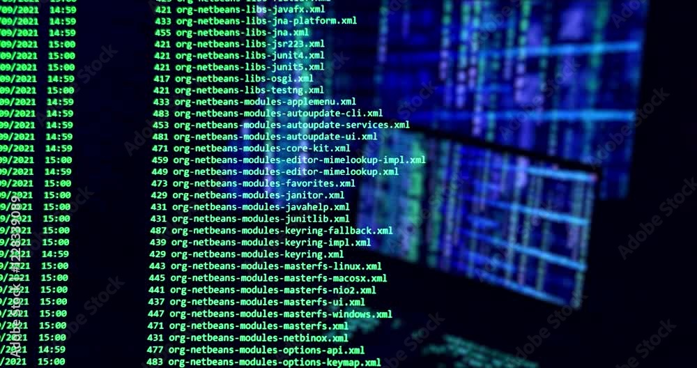 Hacking concept. Close-up of computer screen - modern electronic technologies. Search files process in big data array. Cyberattack. Ddos attack. Typing code on keyboard - codes and program software