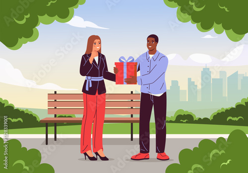 Man giving gift to woman outdoors. Vector illustration