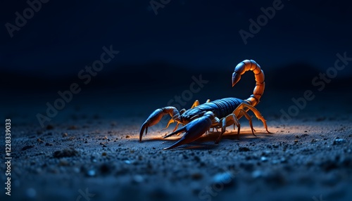 A hyper-realistic image of a scorpion walking across the cool, moonlit desert floor at night. The moonlight casts soft shadows and highlights across the scorpion’s body, making its sharp pi