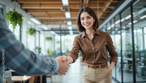 Fototapeta Naklejka Na Ścianę i Meble -  Handshake of happy young business woman and business man at office meeting. Female hr bank manager, financial advisor handshaking recruit, greeting client. Hiring at job interview, partnership concept