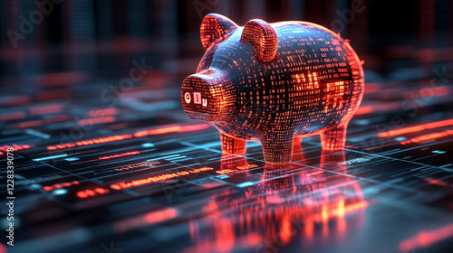 A digital piggy bank surrounded by binary code symbolizing a virtual wallet and the future of online savings with a minimalistic and modern aesthetic featuring bright tones and blurred space

 photo