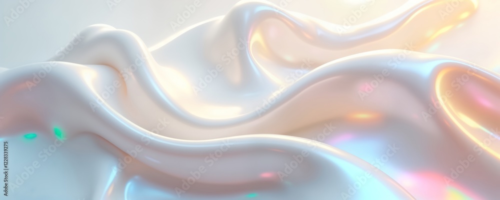 Obraz premium Abstract 3D render of light, white silk with iridescent holographic foil. Fluid design of flowing fabric creates decorative pattern. Modern, futuristic style. Background wallpaper concept. Luxury
