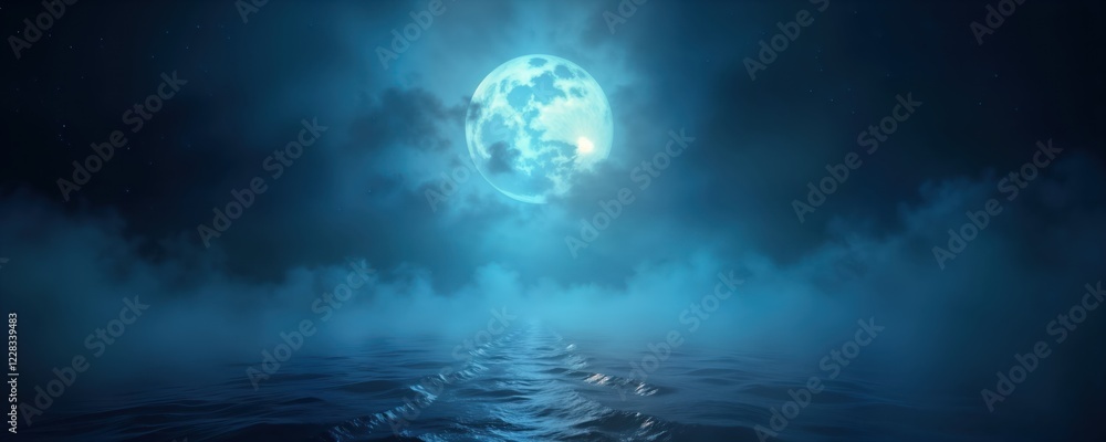 Fototapeta premium Mysterious night scene with bright moon. Foggy atmosphere on sea. Dark night with bright moon. Tranquil, beautiful scene. Ideal for background creative designs. Dramatic light, dark colors. Foggy