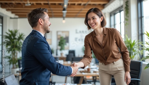 Fototapeta Naklejka Na Ścianę i Meble -  Handshake of happy young business woman and business man at office meeting. Female hr bank manager, financial advisor handshaking recruit, greeting client. Hiring at job interview, partnership concept