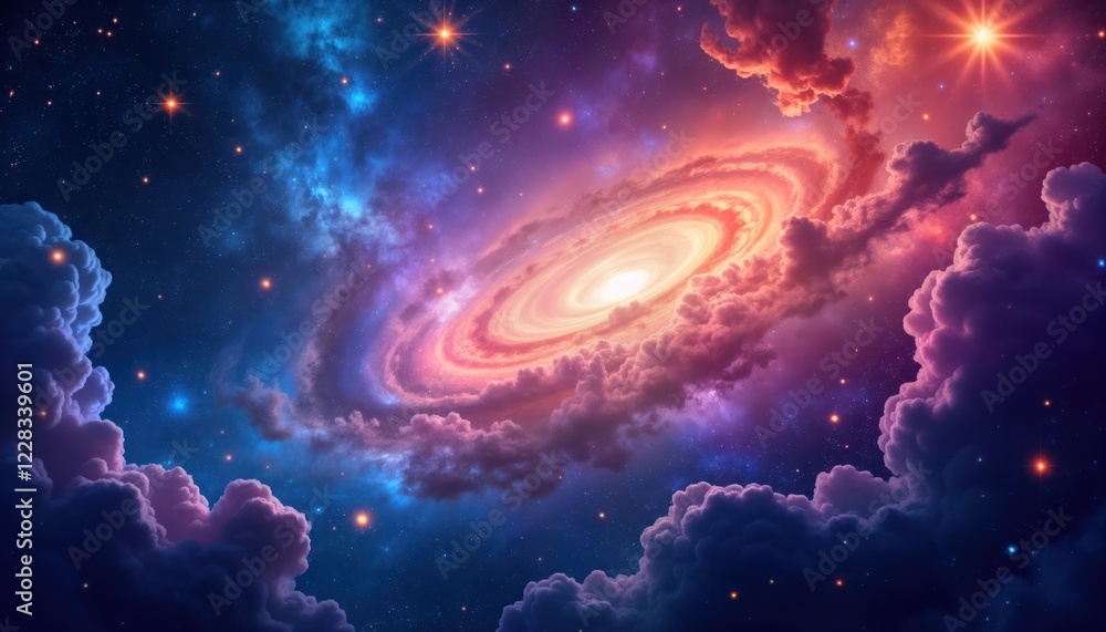 Obraz premium Cosmic space scene shows colorful nebulae, galaxies. Stars shine through colorful clouds. Fantastic illustration shows vibrant colors. Design suitable for posters prints for art lovers. Image great
