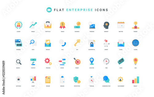 Enterprise, business startup and project communication and SME management color icon set. Digital data and trends, documents and chart report research, meeting flat elements vector illustration