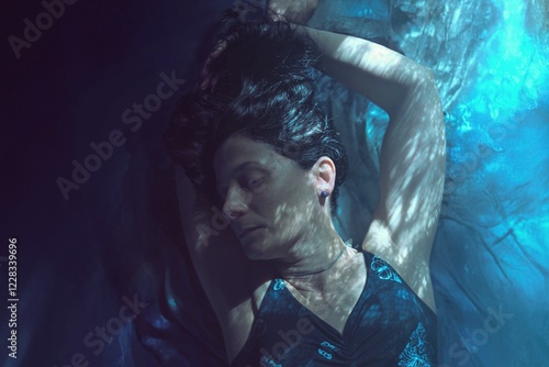 Tableau sur toile Retrato de mujer recostada con luces y sombras en tonos azules