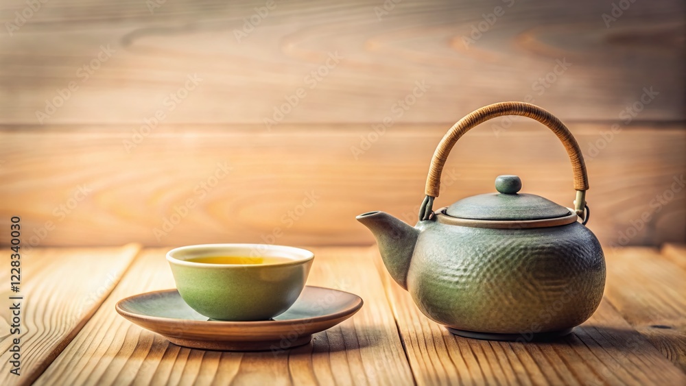 Serene Tea Ceremony: Elegant Teapot and Cup Set on Wooden Table Serene Tea Ceremony: Elegant Teapot and Cup Set on Wooden Table