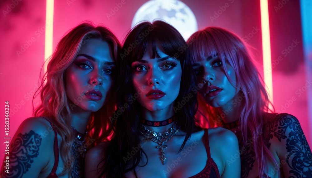 Obraz premium Three glamorous women pose close together. Neon lights, dramatic lighting. Women with stylish hair, makeup. Retro horror aesthetic. Mysterious, beautiful look. Fashionable, stylish. Possible for