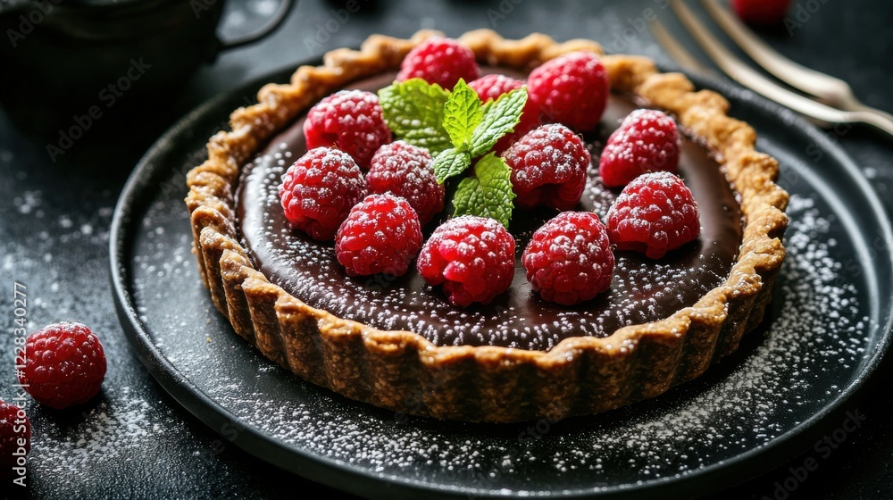 A gourmet chocolate tart with a smooth ganache filling and a crisp pastry crust, topped with fresh raspberries and a dusting of powdered sugar, Tart centered A gourmet chocolate tart with a smooth ganache filling and a crisp pastry crust, topped with fresh raspberries and a dusting of powdered sugar, Tart centered
