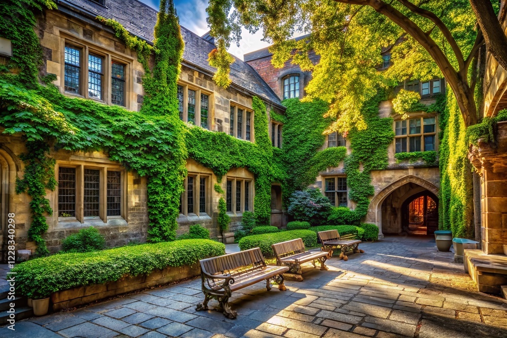 Fototapeta premium Serene University Courtyard: Sunlit Stone Pathways and Lush Greenery