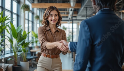 Fototapeta Naklejka Na Ścianę i Meble -  Handshake of happy young business woman and business man at office meeting. Female hr bank manager, financial advisor handshaking recruit, greeting client. Hiring at job interview, partnership concept