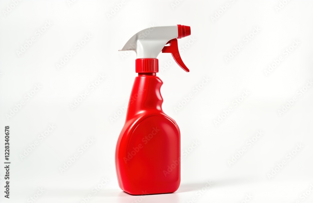 Red spray bottle isolated on white background. Clean plastic container with spray nozzle. Household cleaning tool. Ideal for domestic use. Hygiene product. Practical for cleaning surfaces. Useful for Red spray bottle isolated on white background. Clean plastic container with spray nozzle. Household cleaning tool. Ideal for domestic use. Hygiene product. Practical for cleaning surfaces. Useful for