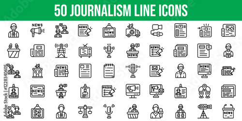 Set of 50 Outline Icons Related to Journalism. Line Icon Collection. Editable stroke. Vector illustration