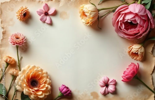 Wallpaper Mural Vintage paper backdrop displays delicate dried flowers in pastel shades of pink, peach. Arrangement carefully positioned around empty center. Antique paper texture adds to aesthetic. Flowers arranged Torontodigital.ca